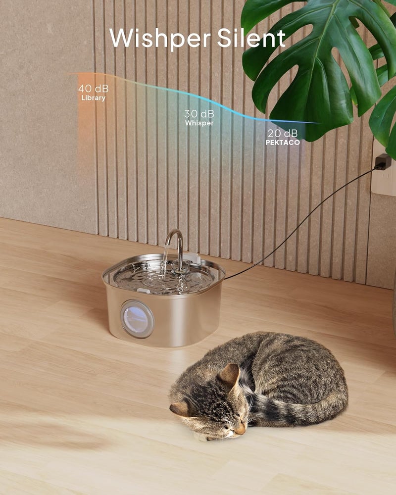 PEKTACO Cat Water Fountain Stainless Steel, 3.2L/108oz Cat Water Dispenser with Quiet Water Pump and Water-Level Window, Dishwasher Safe Pet Drinking Fountain for Cats Indoor with Replacement Filter - Image 3